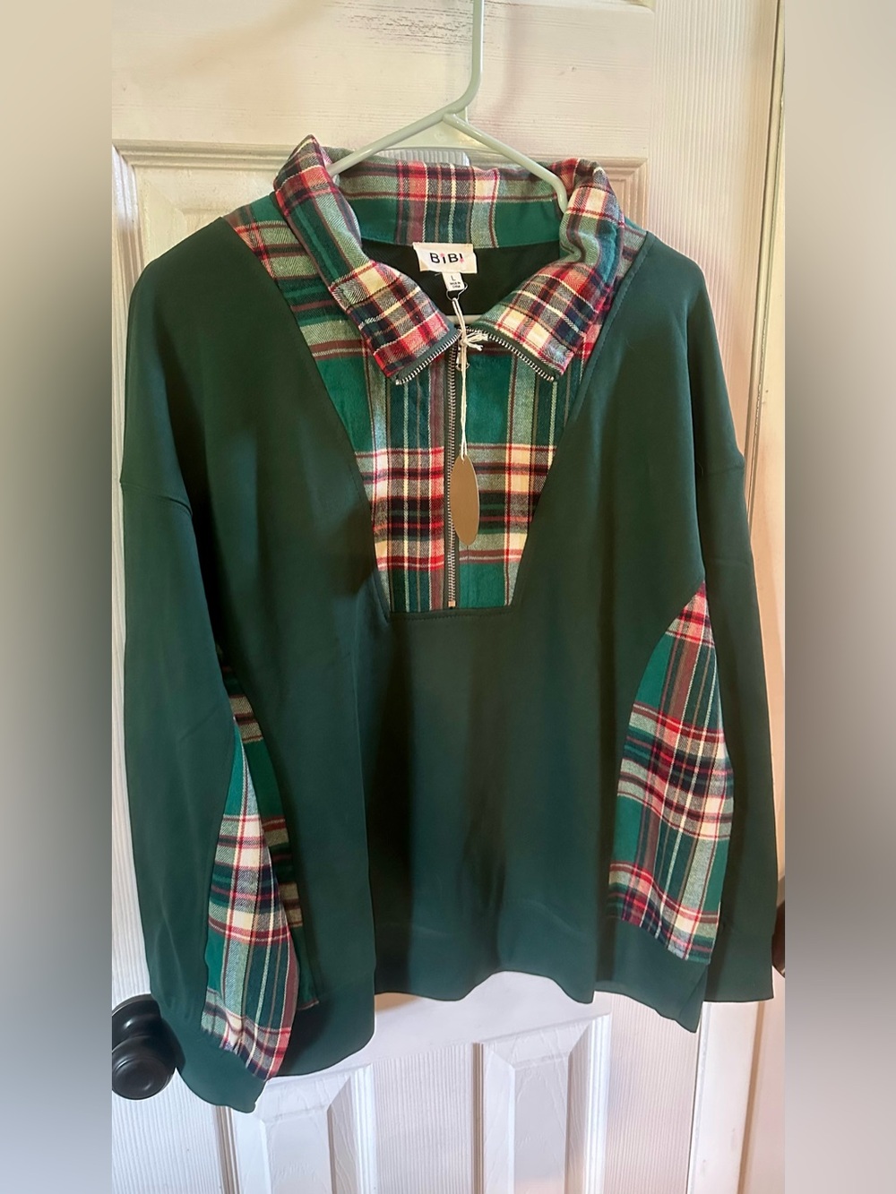 BiBi Green Juniper Pullover with Plaid Trim, Holiday, Christmas